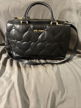 Betsey Johnson Large Quilted Puffy Hearts XODelta Satchel Bag Black Shoulder
